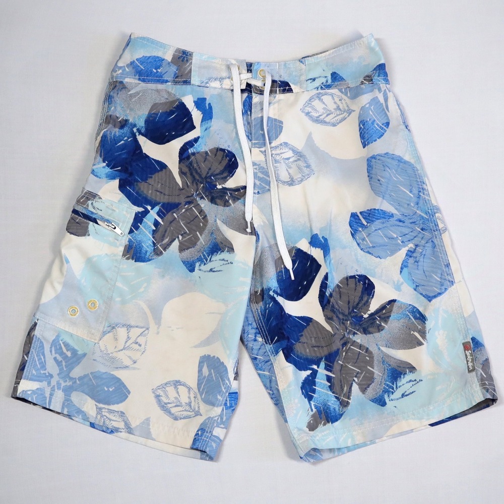 Local Motion Board Shorts Mens 29 Blue White Hibiscus Print‎ Hawaii Surf Y2K VTG